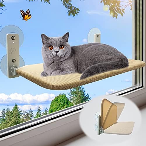 Cordless Cat Window Perch, Foldable Cat Window Hammock with 4 Strong Suction Cups, Large Window Cat Beds for Indoor Cats Inside, Window Seat Wall Mount with Metal Frame and Soft Cover