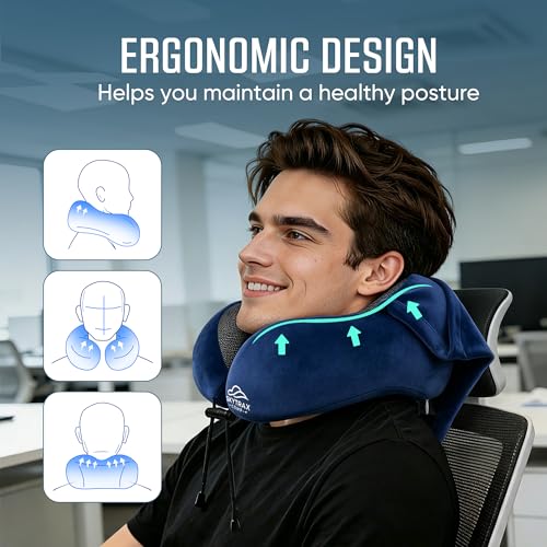 Image of SkytraxComf Travel Neck Pillow with Hood for Privacy on Long Flights | Memory Foam | Airplane Sleep | Safety-Tested Materials | Extra Large Hood | Chin Support | Earplugs | Washable Cover