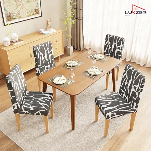 Image of Lukzer 2PC Grey & White Stretchable Dining Chair Cover | Universal Fit Removable Washable Slipcover | 140 GSM Polyester + Spandex | Elastic Protective Cover for Home & Hotel Chairs Seat Slipcover