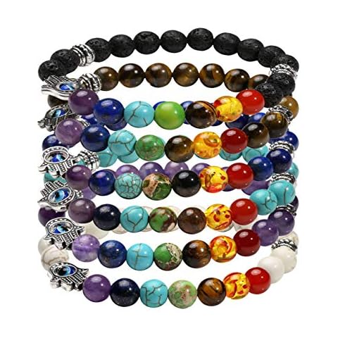 Manfnee 6PCS 7 Chakra Evil Eye Bracelet Reiki Healing Balancing Beaded Bracelet for Men Women Cover