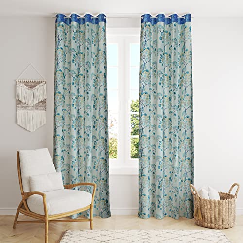 Image of Floral Print Semi-Sheer Curtains for Long Door 8 Feet, Pack of 2, Aqua