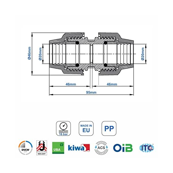 SmartProduct PP Kupplung MDPE 20 mm x 20mm Verschraubung für PE Rohr PN16 DVGW Trinkwasser zertifiziert – Klemmverbinder… – Bild 3