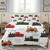 WeCozy Full Size Comforter Set with 2 Pillowcases, Retro Vintage Train Cute Vehicle Soft 3 Pcs Bedding for Kids and Adults Bedroom Bed Decor