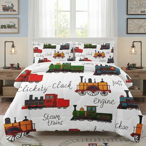 WeCozy Twin Size Comforter Set with Pillowcase, Retro Vintage Train
