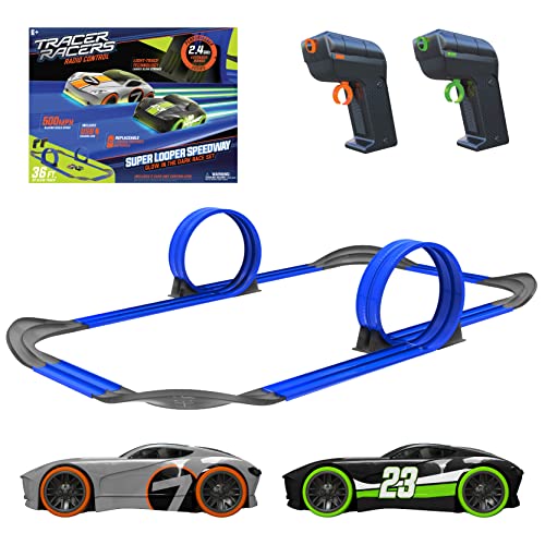 Tracer Racers Remote Control Cordless Glow in The Dark High-Speed Super Loop Speedway Track Set with Two Cars for Dual Racing, Glow Blue