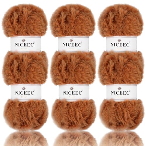 Image of NICEEC Faux Fur Yarn Super Soft, Chunky & Fluffy, Eyelash Yarn for Crochet & Knitting(Total Length 210yds /10.6oz) - Caramel /300g