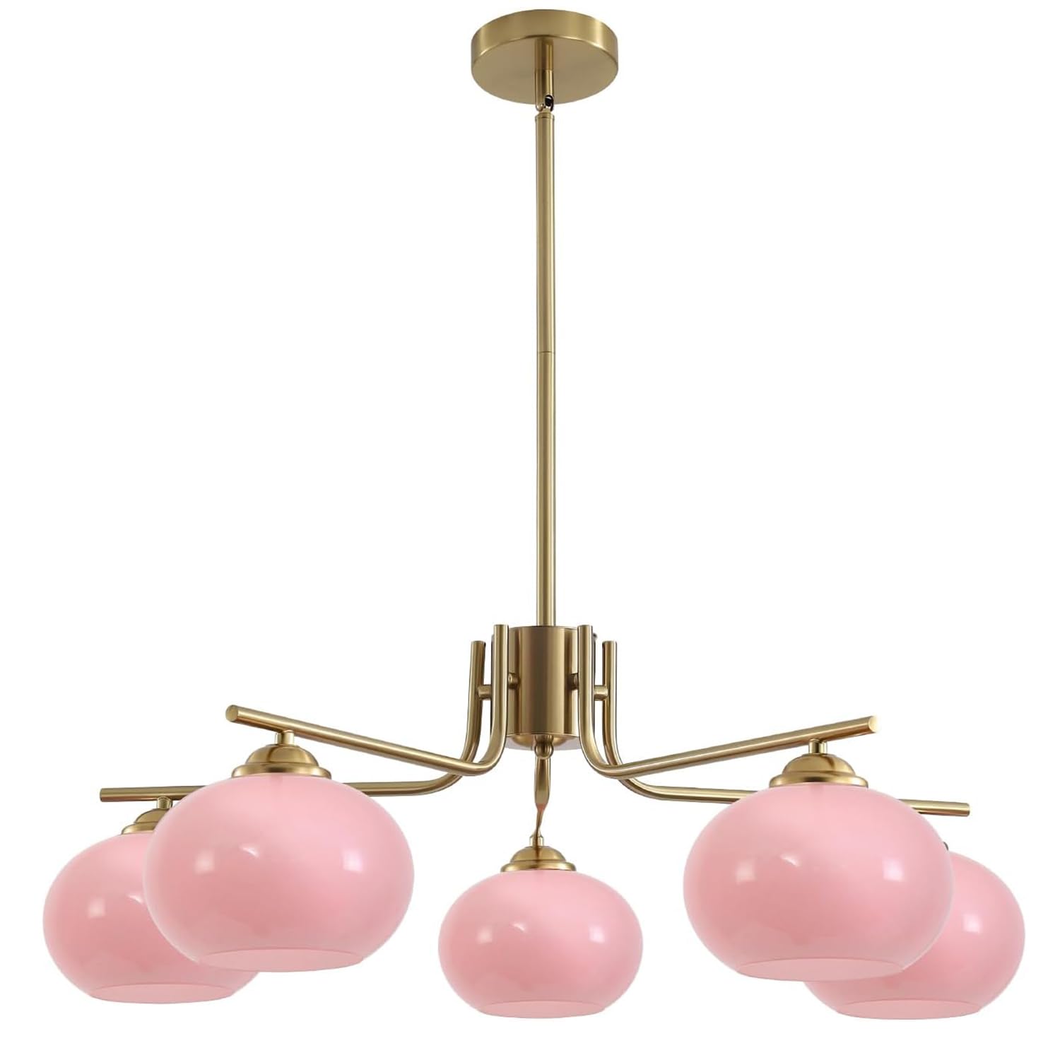 KCO Lighting Modern Pink Kronleuchter Rosa Glas Pendelleuchte 5 Lichter Gold Große Globe Kronleuchter Mitte Jahrhundert Unterputz-Deckenleuchte Leuchte für Esszimmer Küche Insel Wohnzimmer