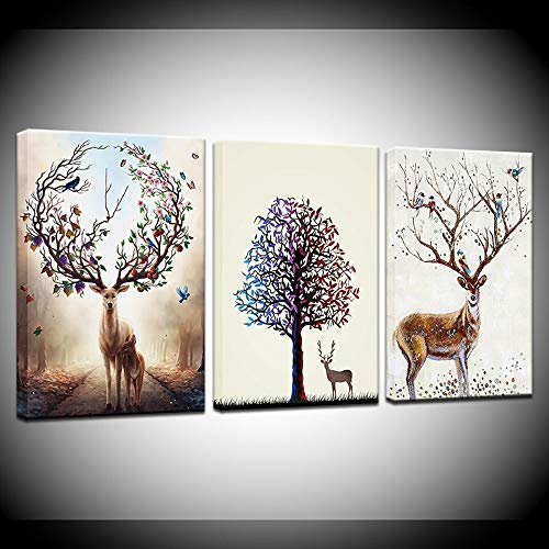 Tableau sur toile abstrait cerf et amour baiser en 3 pièces pour décoration murale