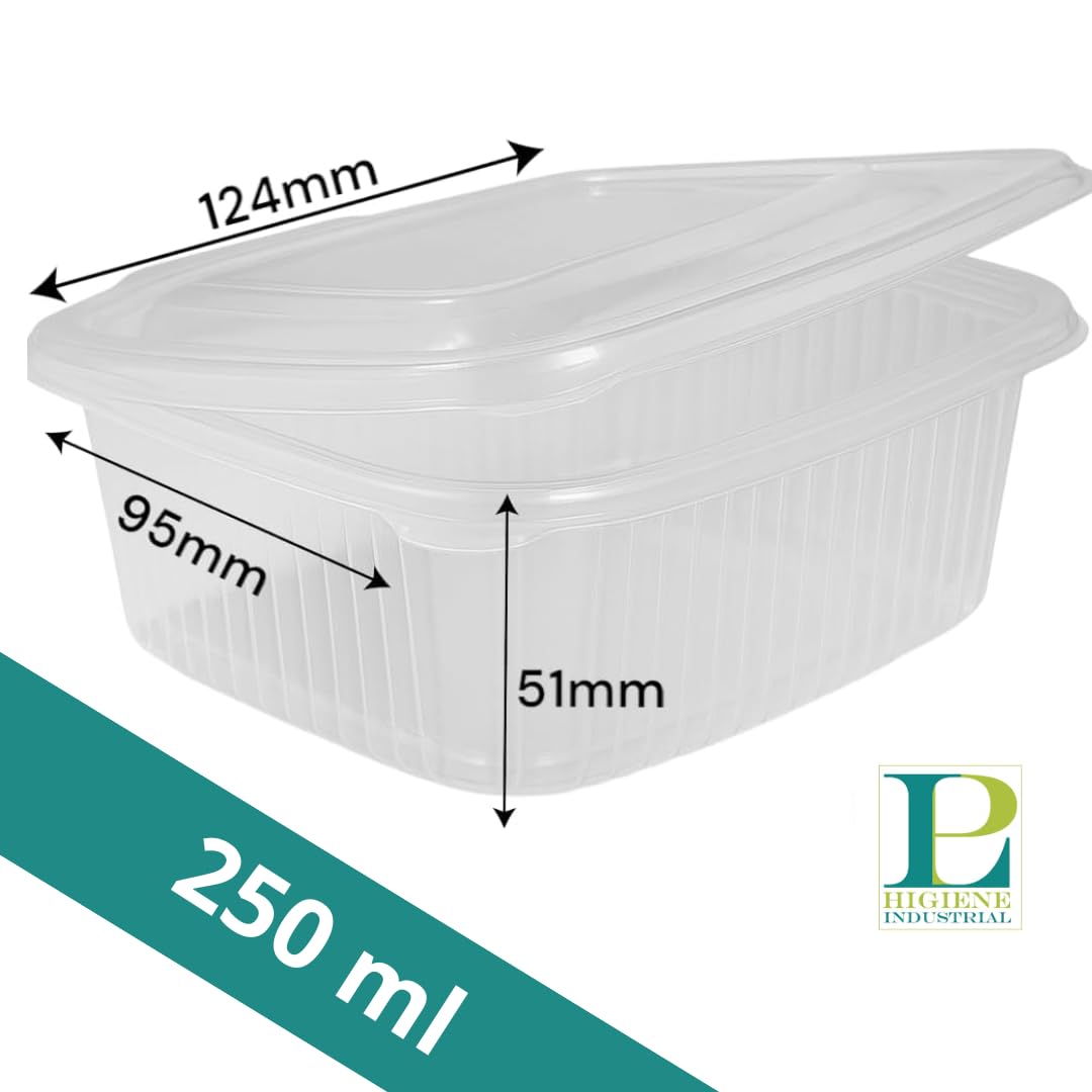 Pack 50 Envases Reutilizables con Tapa Bisagra 250 ml - Resistentes y Duraderos - Tupper Apto para Microondas y Reciclable - Para Alimentos Calientes o Fríos