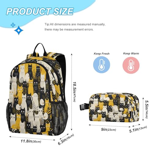 Sac d'école léger et durable style dessin animé de chats blancs noirs
