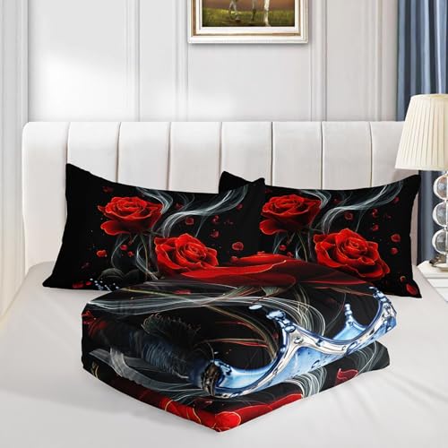 Image of QOOMO 3Pcs Red Rose Comforter Set Full Size,Blue Crown Bedding Set for Teens Boys Girls,Black Comforter with 2 Pillowcases,Soft and Lightweight