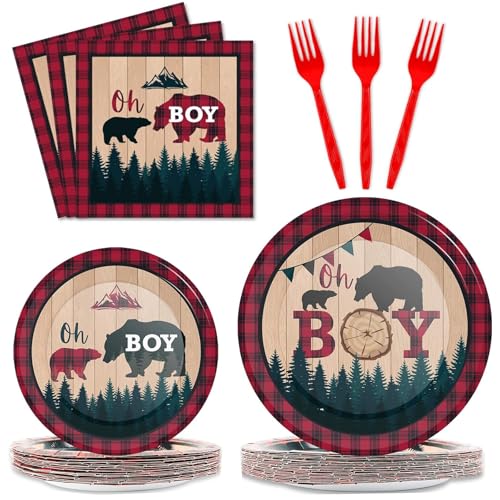 Image of gisgfim 96 Pcs Buffalo Plaid Lumberjack Party Plates and Napkins Party Supplies Boy Red Plaid Party Tableware Set Christmas Decorations Favors for Birthday Baby Shower for 24 Guests