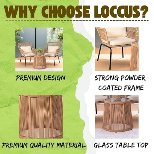 Image of LOCCUS 3-Piece Patio Bistro Set - Outdoor Woven Rope Balcony Furniture with Glass Top Table & Cushioned Chairs for Backyard, Balcony, Porch & Lawn (Beige & Cream) Comfortable Outdoor Seating Suitable
