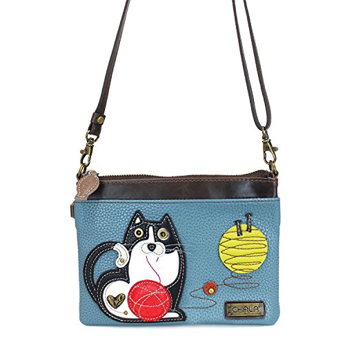 Chala Mini Crossbody Handbag, Multi Zipper, Pu Leather, Small Shoulder Purse Adjustable Strap - Fat Cat - Blue Gray #TOP1