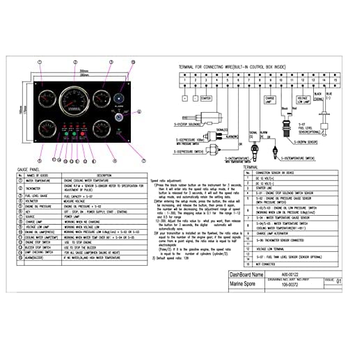 Marine Instrument Panel with 5 Gauges - Tachometer Fuel Level Water Temperature Oil Pressure Voltmeter Durable Aluminum Alloy Panel IP67 Waterproof Easy Installation for Engine Yacht Fishing Boat Ship