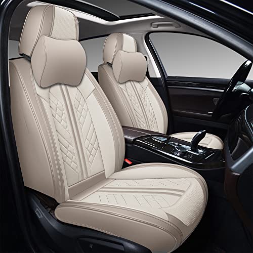 GXT Deluxe Faux Leather Full Coverage Car Seat Cover Anti-Slip Universal Fits for Sedans SUV Pick-up Truck with Headrests,Interior Accessories, Light Khaki & White
