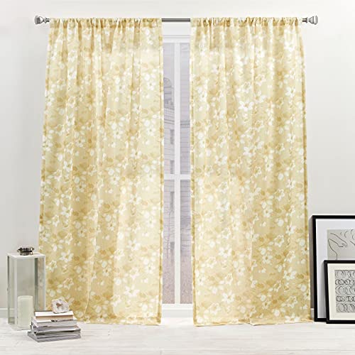 Nicole Miller New York Dara Light Filtering, Semi Sheer Rod Pocket Curtain Panels, 54"x84", Honey Gold, Set of 2
