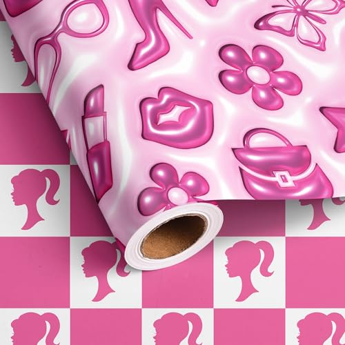 Vnaaem 3D Effect Girl Princess Wrapping Paper Roll for Girls Women - Pink Girl Birthday Design Gift Wrap Sheets for Holiday Baby Shower Wedding Bridal Shower DIY Craft Party(Total 28.5sq.ft)