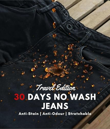 Image of TURMS Men's Anti Stain Jeans 30 Days No Wash Anti Odor Casual Mid Rise Denim Pants | Traveler Comfort Stretchable Breathable Cotton Rich