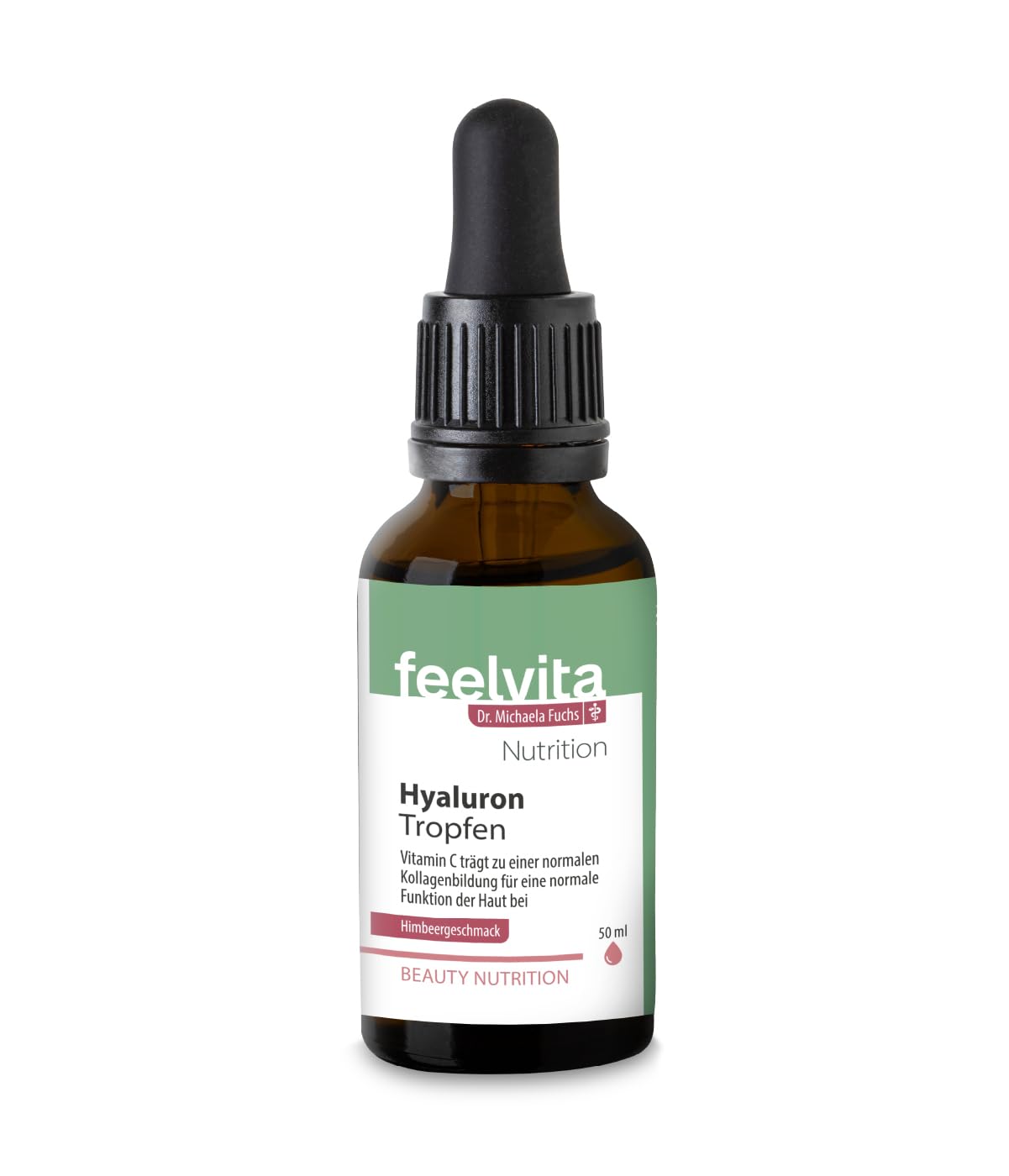 Genius Feelvita Nutrition Hyaluron Tropfen hochdosiert - Flüssige Hyaluronsäure mit Vitamin C für die Haut und normale Kollagenbildung, mit fruchtigem Himbeergeschmack, vegan, Made in Germany - 50 ml