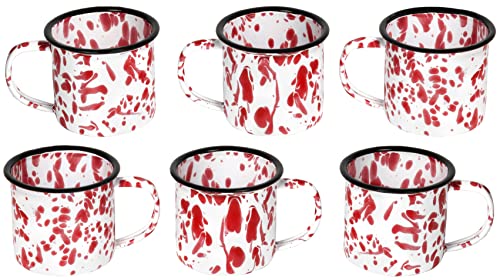Red Co Set of 6 Enamelware Metal Small Classic 5 Oz Round Coffee and Tea Mug with Handle Red MarbleBlack Rim–Splatter Design