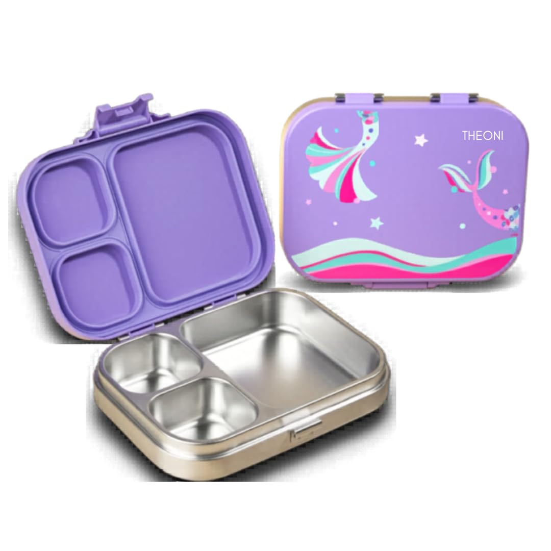 THEONI Bento Joy Kids Stainless Steel Lunch Box | 3-Compartment Leak-Proof | BPA-Free Food-Grade 304 Steel | Kid-Friendly Locks | School Lunch Box- Purple-image-6