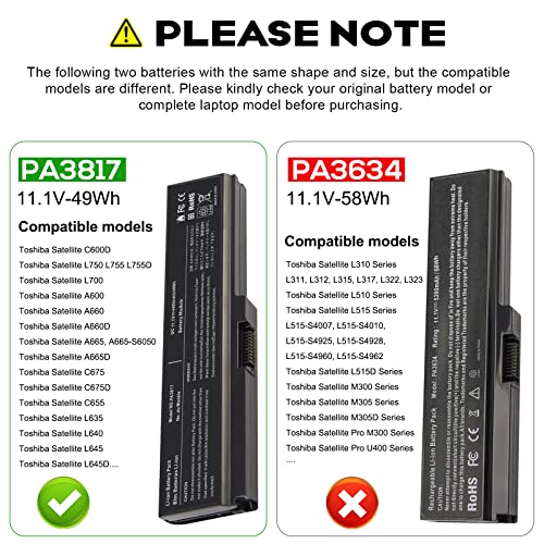 PA3817U-1BRS Battery for Toshiba Satellite L755 C655 M645 L750P L600 L675 L675D L700 L745 L750D L755D M640 P745 Series, Fit PA3818u-1BRS PA3819U-1BRS - Image 3