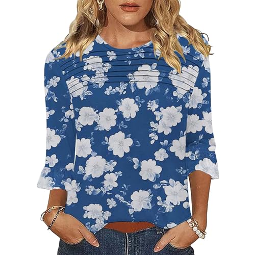 CGGMVCG Camiseta para mujer de manga 3/4, estilo casual, con volantes, manga acampanada, plisada, para verano, azul oscuro, XXL