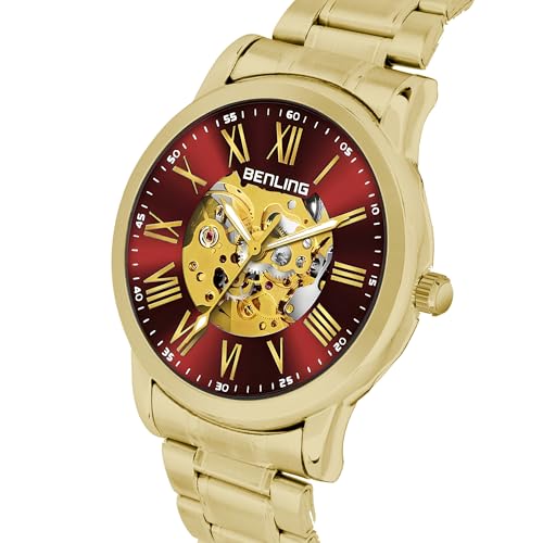Image of Benling Men's Skeleton Automatic Analog Watch Combo | Open Gear Dial | Leather and Stainless Steel Chain Strap | Luxury Mechanical Movement | Casual & Formal Wear Stylish Wrist Watch for Men