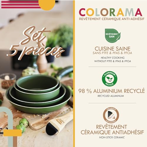 MENASTYL - Removable stackable cookware - Suitable for all heat sources, including induction - PFAS-free non-stick ceramic coating - Colorama range - Olive colour - 2 frying pans + 2 saucepans + 1 - Image 2