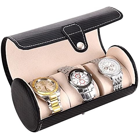 Watch Box Case Organizer Men: 3 Slot Jewelry Male Watches Display Storage Holder Boxes for Mens Women - Portable Luxury Black Leather Travel Ring Cases for multiple Large Small Personalized WristWatch Cover