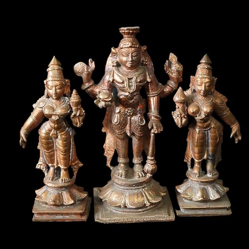 Image of Copper God Idols Perumal wih Sridevi Bhudevi i,3.9 inches, 630 Grams, Patina Antique Finish, Pack of 3 Piece