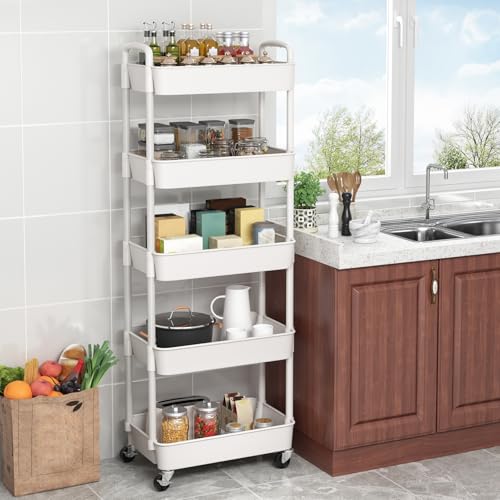 Image of Sywhitta 5-Tier Plastic Rolling Utility Cart with Wheels for Storage,White | Multi-Functional Storage Trolley, for Office, Living Room, Kitchen, Bathroom,Movable Organizer,Space-Saving,Easy to assemble