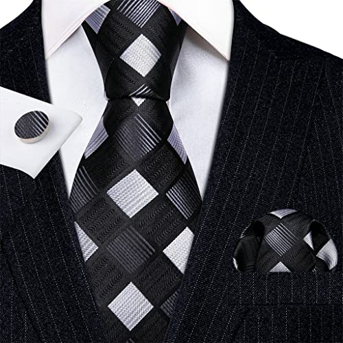 Corbata de Seda Negra y Blanca a Cuadros con Juego de Gemelos miniatura 2