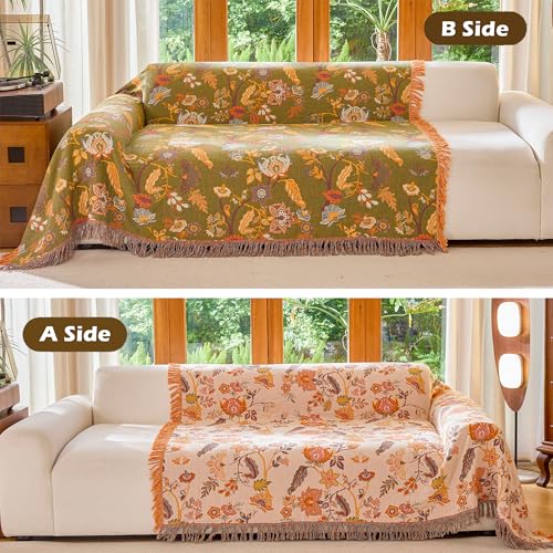 Image of VANJOROY Boho Throw Blanket, 100% Organic Cotton Breathable Ultra Soft 91 inch x 108 inch King Bed Quilt Throw - All Season Floral Rustic Farmhouse Decor Luxury Blanket for Sofa Couch Chair and Gift
