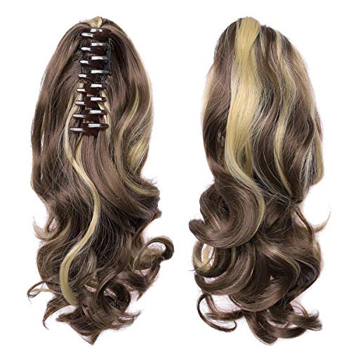 ChenYu 15" Women Synethic Ponytail Extension Long Wavy Hair Pieces Clip on Hair Extensions Heat Resistant, Light Curled Ponytail for Women Daily Use, Brown/Blonde Mix 8H22