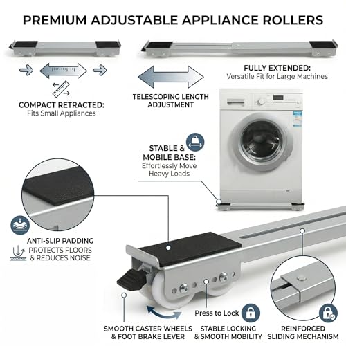 Image of Heavy Duty Adjustable Appliance Rollers | Extendable Washing Machine Trolley & Fridge Stand with 24 Wheels | Anti-Slip Furniture Mover Base with Brake Lock (Up to 300 KG Capacity)