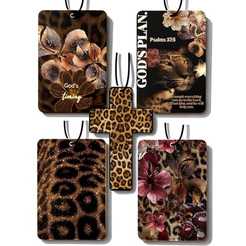 Image of Leopard Print 5pcs Car Air Freshener Corss Christian Cheetah Print Car Accessories Automotive Interior Hanging Scents Mirror Decor for Women Teen Girls
