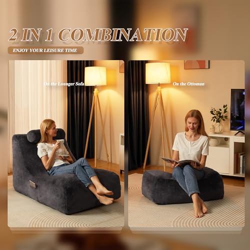 Homguava Bean Bag Chair Large Indoor Beanbag Sofa Lazy Beanbag with Neck Roll&Ottoman Cozy Floor Sofa with Washable Cover&Side Pocket for Bedroom (DARK GREY)