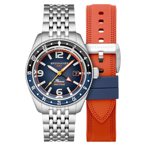 Spinnaker Herren 43 mm Fleuss GMT Automatikuhr mit massivem Edelstahlarmband SP-5120, dunkelblau, Armband