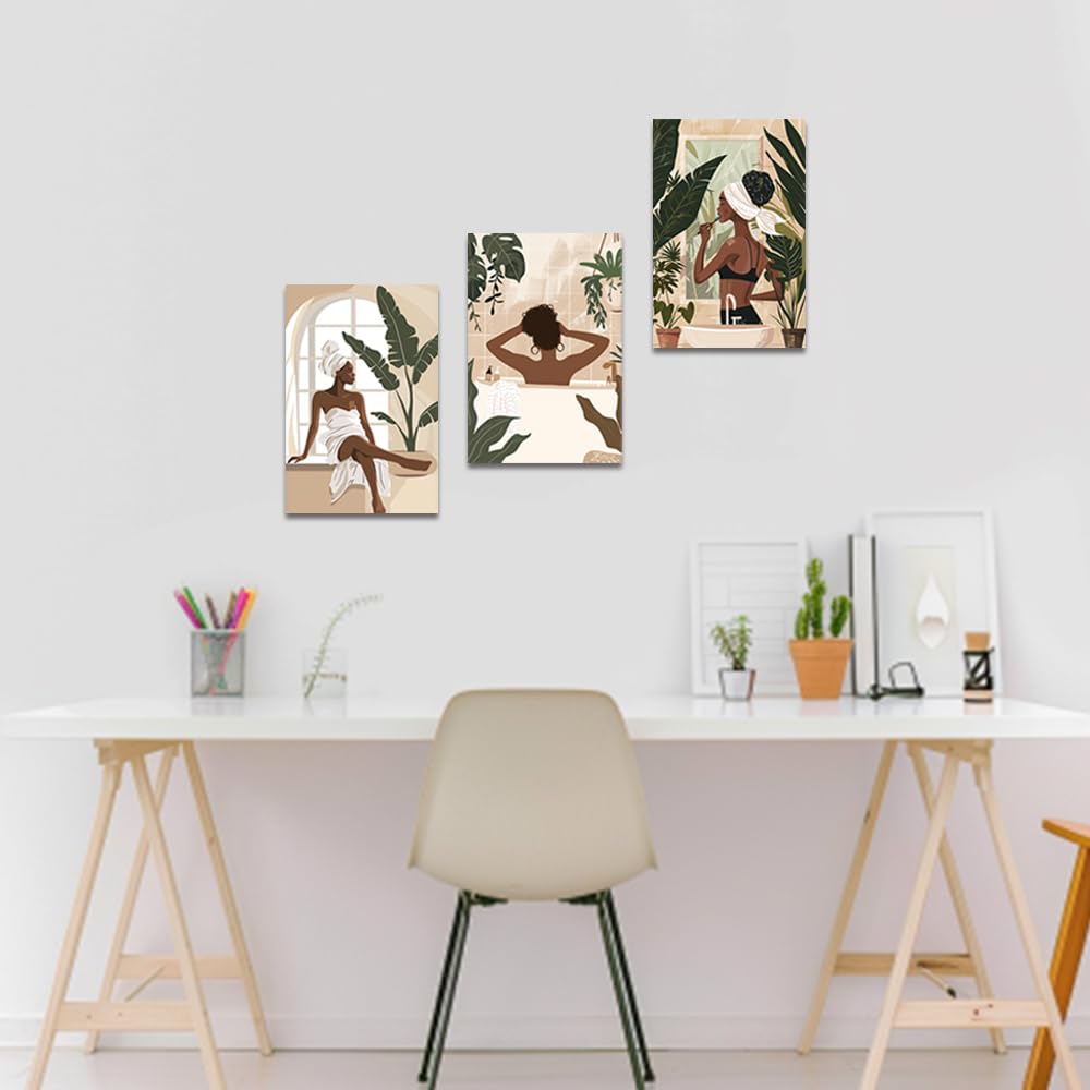 ZQQART Black Girl Canvas Wall Art Fashion African American Picture Prints Boho Black Woman Female Paintings Bathroom Home Wall Decor Framed(White,12.00"x16.00"x3Pcs) - Image 4
