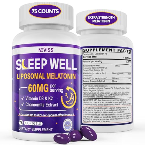 NEVISS 1Pack 60mg Melatonin Liposomal for Adults High Dose Deep Rest & Brain Cognition Extra Strength with Vitamin D3 K2 Chamomile for Sound Zzz Cycle Power Antioxidant 75 Softgels