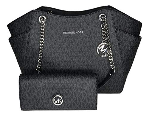 MICHAEL Michael Kors Jet Set Travel Large Chain Shoulder Tote bundled with Michael Kors Fulton Flap Continental Wallet (Signature MK Black)