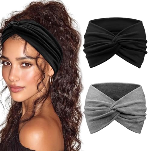 Image of MAYCREATE 2Pcs Wide Head Band for Women, Stylish Headband Hair Bands for Women, Stretchy Turban Twisted Knot Bandanas Sweatbands for Daily, Street Style, Sport, Face Care