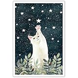 Vintage Cute White Cat Posters Preppy Style Dark Green Background Canvas Wall Art Funny Night Animal Green Plant Prints Painting For Home Bedroom Dorm Wall Decor 8x12in Unframed
