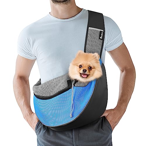 Pawaboo Zaino per Cani e Gatti, Contenitori da Trasporto per Cani, Trasportino da Passeggio con Cordino Regolabile, in Rete Traspirante e Comoda Tracolla, con 3 Tasche, Taglia L - Azzurro