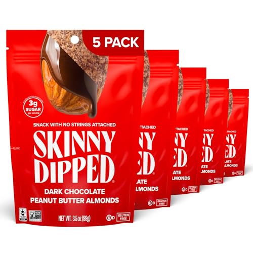 SkinnyDipped Dark Chocolate Peanut Butter Almonds, Healthy Snack, Plant Protein, Gluten Free, 3.5 oz Resealable Bags, (Pack of 5)