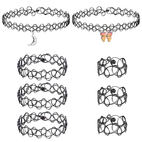 Andibro 8 Stück Elastische Halskette Set, Schmetterling Stretch Tattoo Choker Kette mit Armbänder und Ringe Damen Anhänger Schmuck Gummi Halsband Vintage 90er jahre Accessoires für Mädchen Teenager