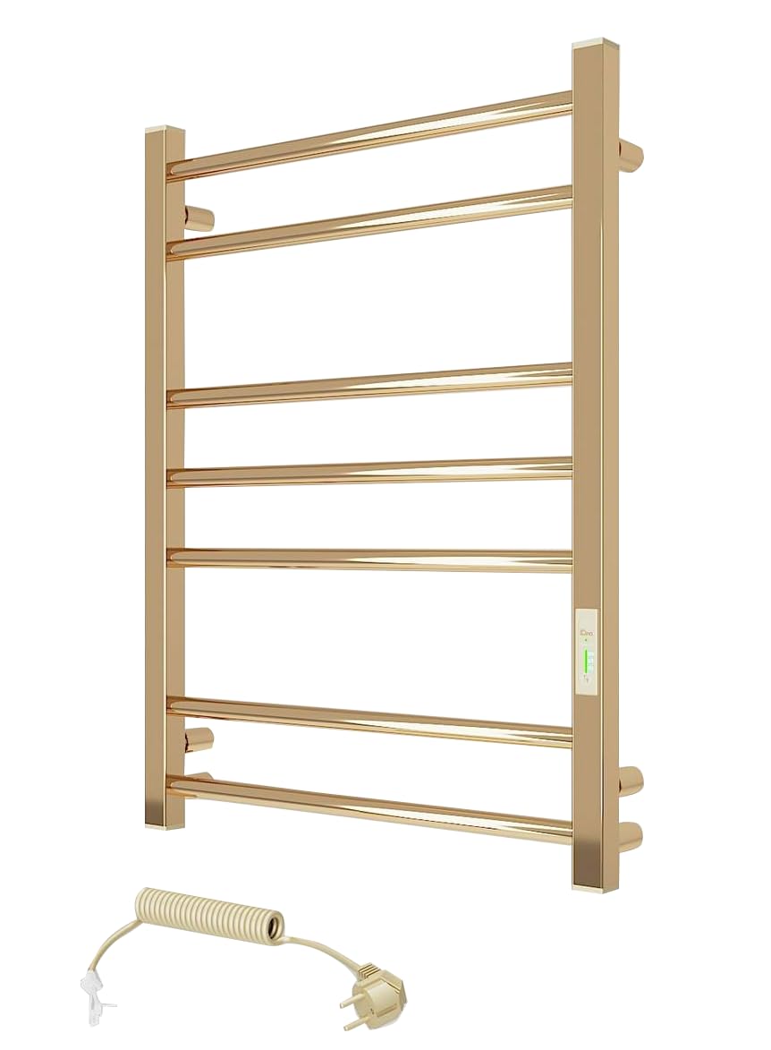 Elna - Scaldasalviette elettrico oro, 103 W, 710 x 530 mm, risparmio energetico e adatto all'uso quotidiano, con timer e termostato, IP44, in acciaio inox, per bagni di famiglia e appartamenti