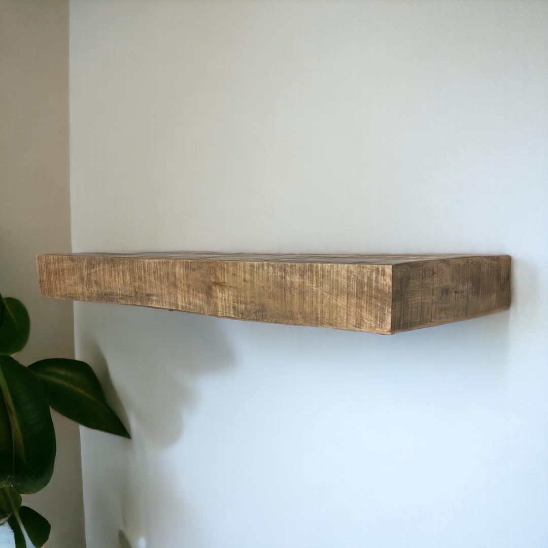 (Set of 2 ) Posh Pollen - Hollow Floating Shelf, Hidden Bracket, Rough Hewn Rustic Mango Wood, Heavy Duty, Wall Mounted Shelf, 42Wx12D, Light Wash (Total Lot is for 2 Shelves/BID IS PER SHELF)